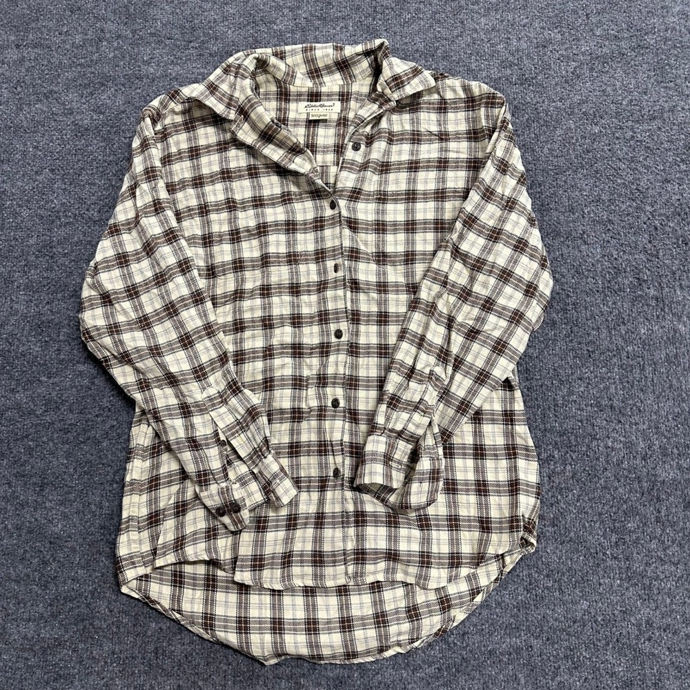 Eddie Bauer Shirt Womens Size S Brown Plaid Cotton Long Sleeve Button Down